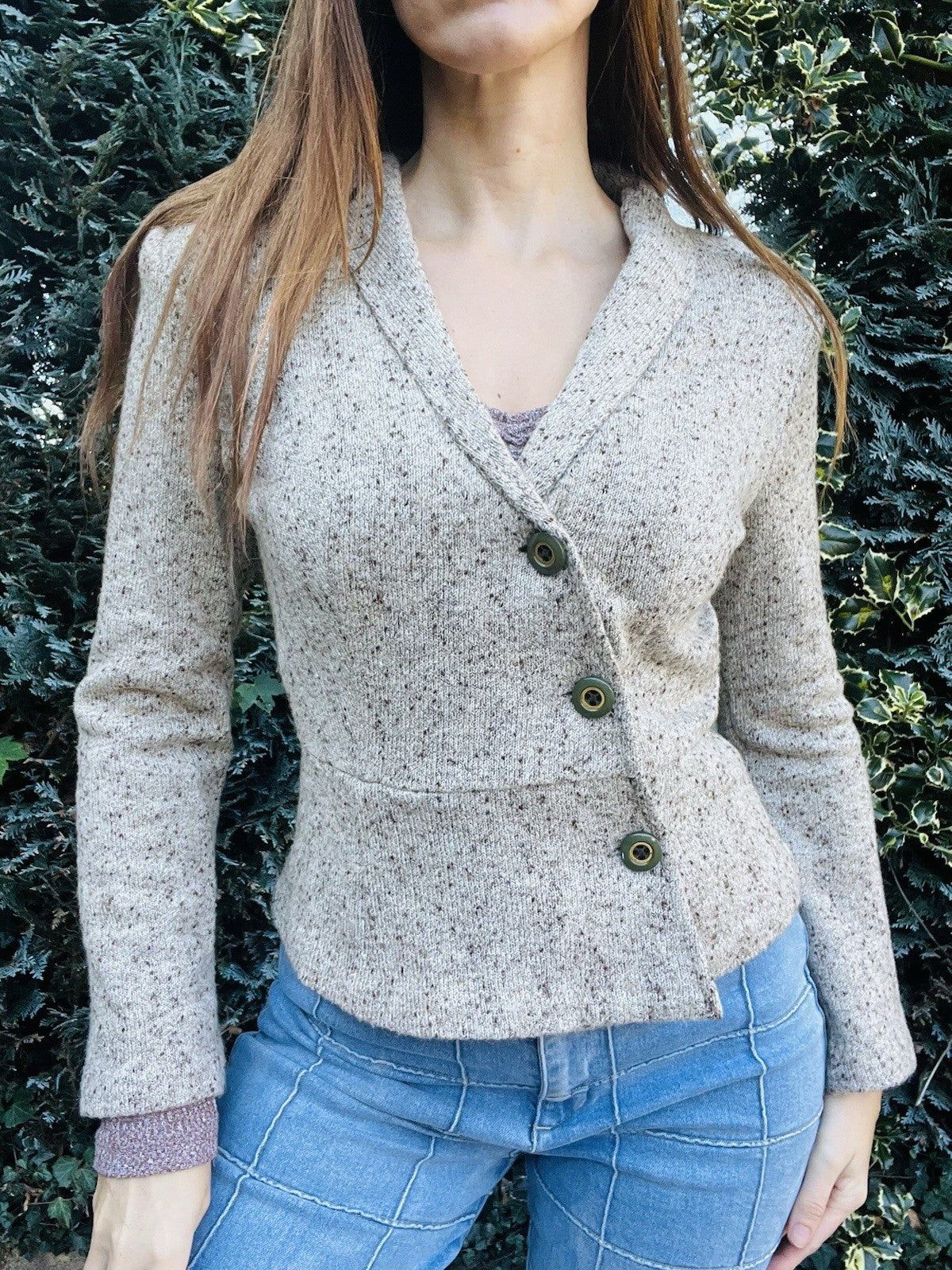 Vintage 1970s Knitted Cardigan, Retro Wool Knit Fitted Jacket Beige Size 10