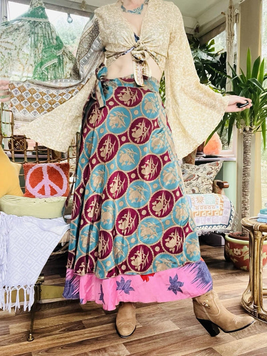 Layered Hippie Maxi Skirt Vintage Sari Silk Hippie Boho Long Gypsy Wrap Skirt