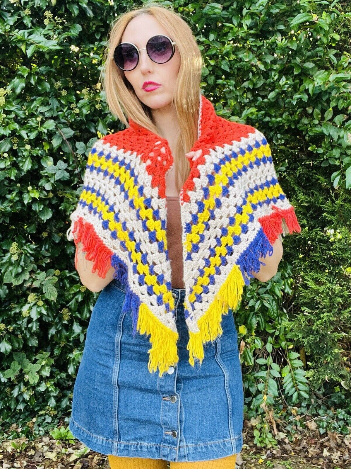 Vintage Knit Crochet Shawl Hippie Boho Triangle Wrap Cape Cottage Whimsy Scarf