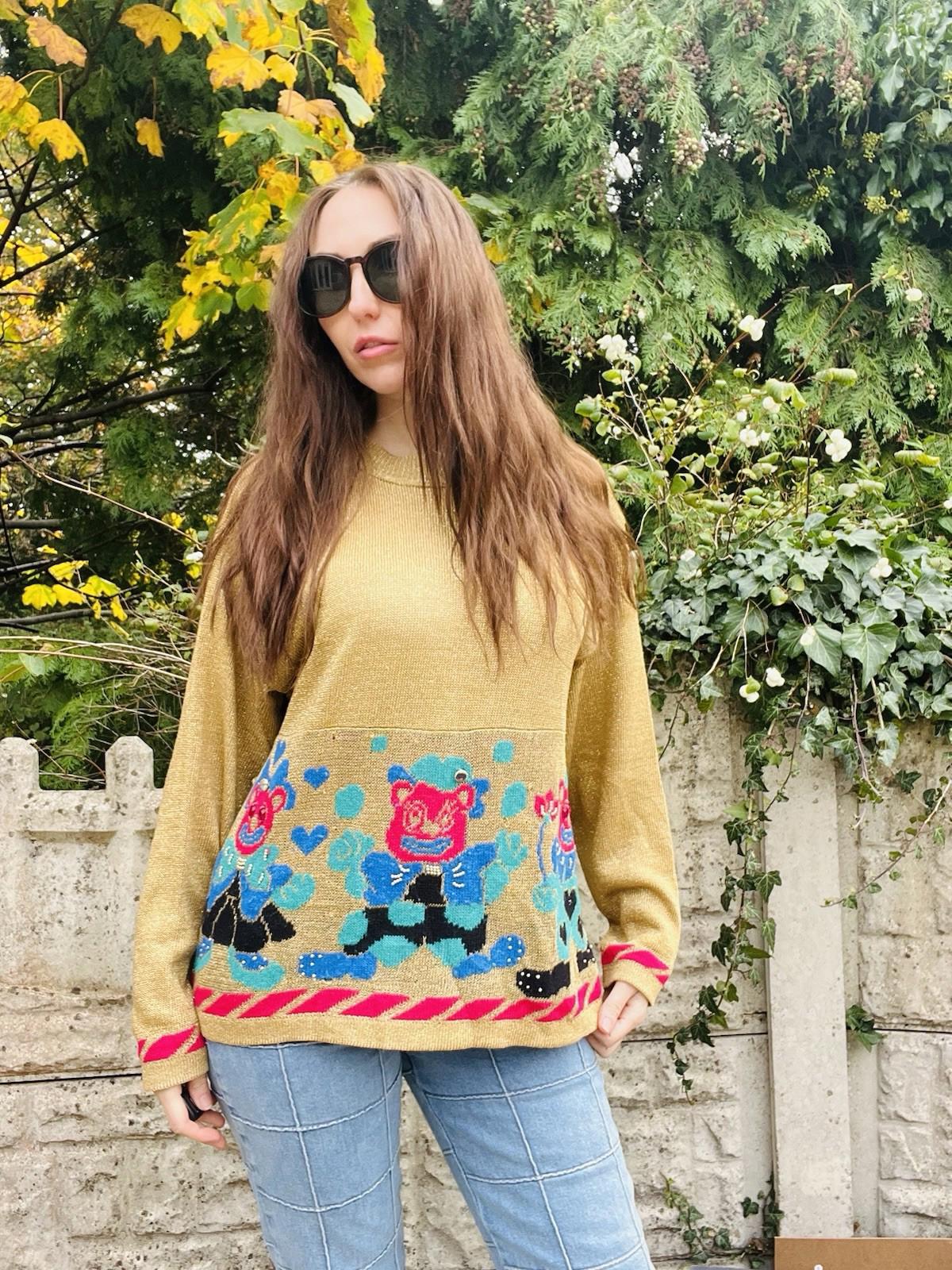 Vintage 1980s Knit Jumper Sparkly Gold Size 14 To 16 Retro 1980s Teddy Sweater