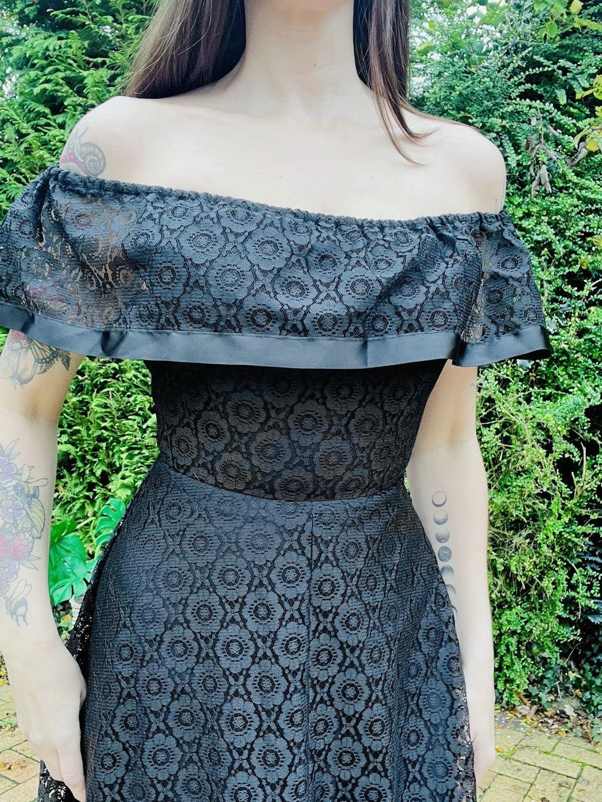 Vintage 70s maxi dress Black Size 8 by C&A Bardot Off Shoulder Whimsigoth Lace