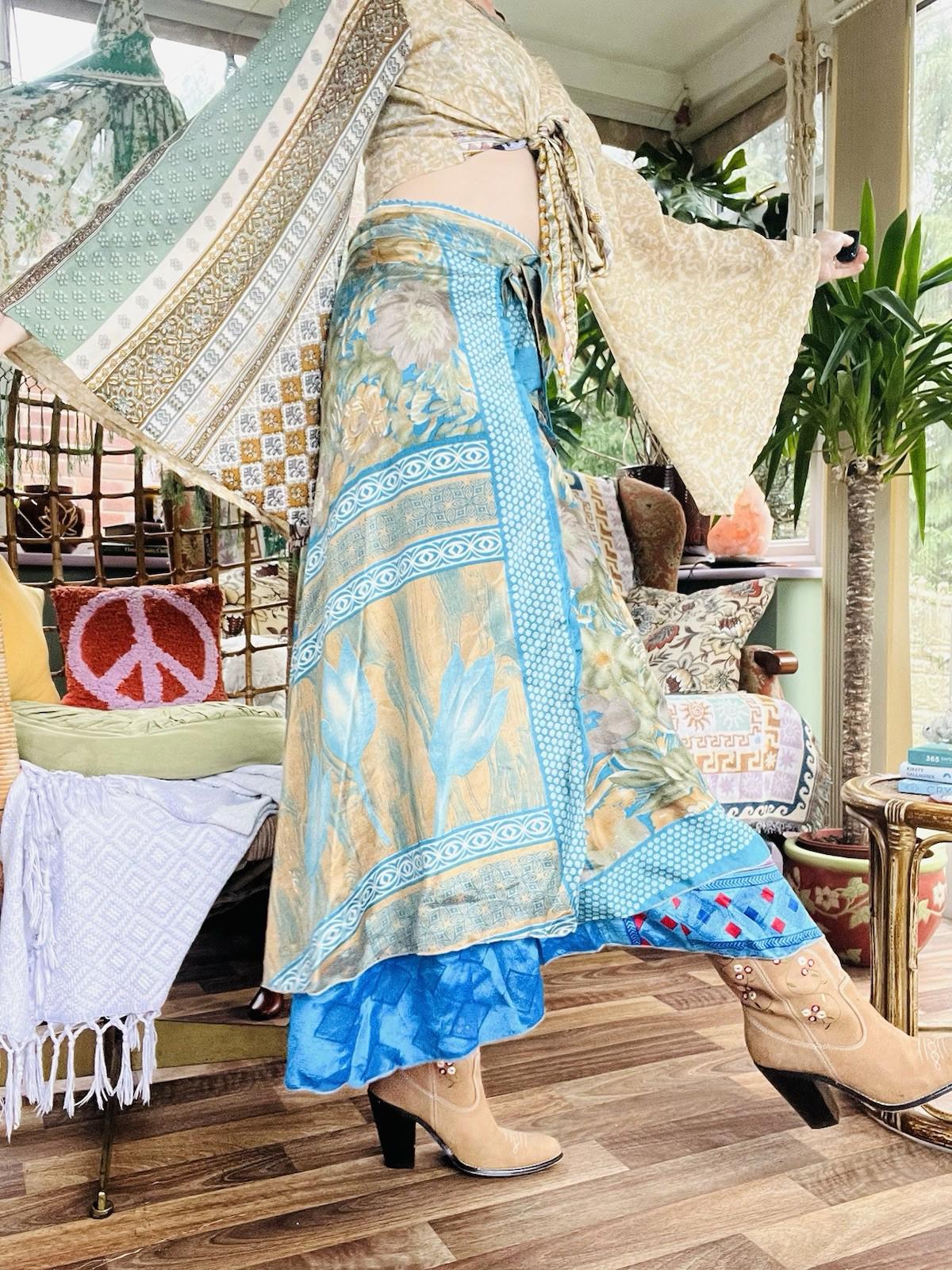 Layered Hippie Maxi Skirt Vintage Sari Silk Hippie Boho Long Gypsy Wrap Skirt