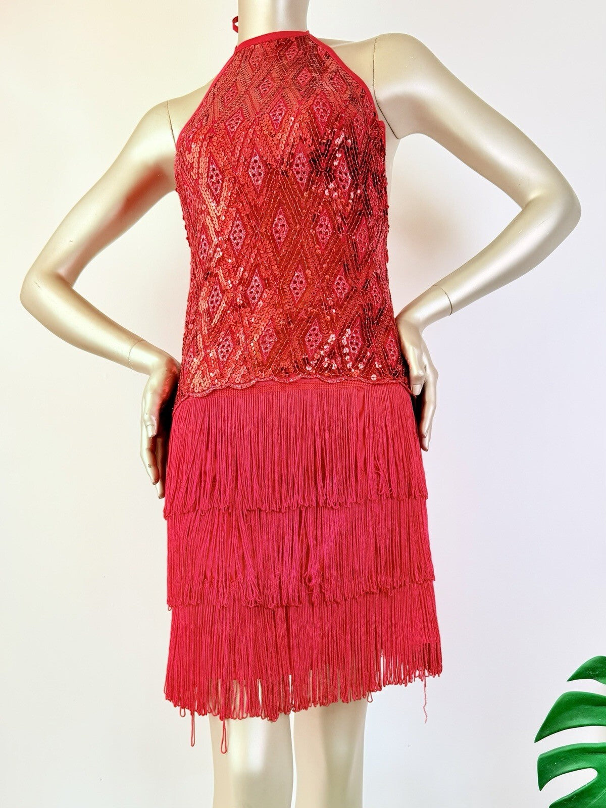 Vintage 1980s Festival Dress Sequin Tassel Western Halterneck Flapper Red S 6