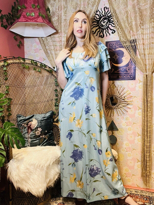 Vintage 1970s Maxi Dress Frilly Layered Sleeve Long Summer Floral Dress Blue 14