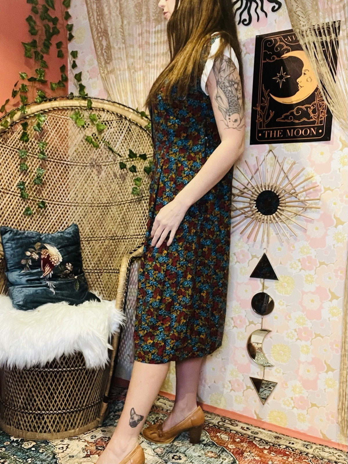 Vintage 70s Day Dress Size 16 Retro 1970s Ditsy Floral Collared Dress