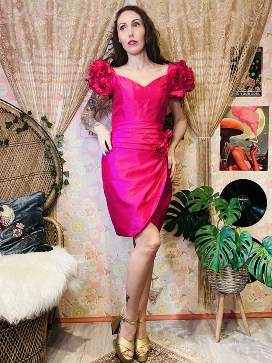 Vintage Y2K Designer Dress By Pronovias Hot Pink Ruffle Sleeve Cocktail Gown 10