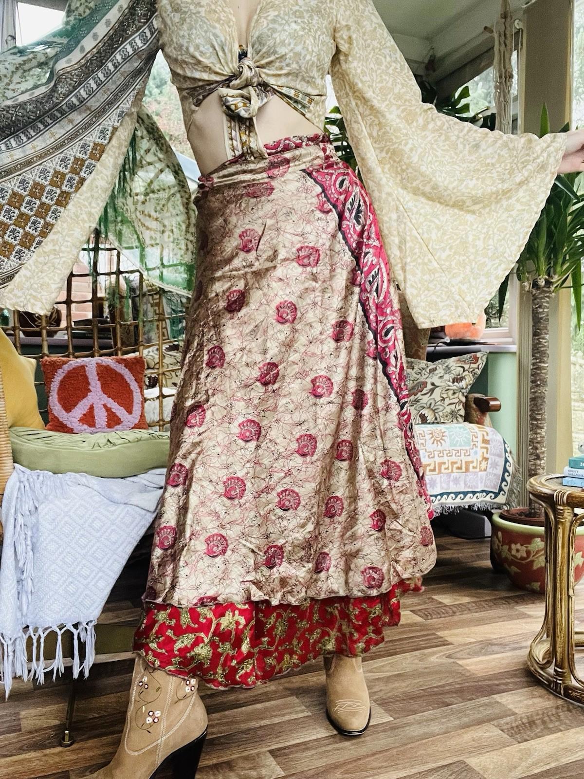 Layered Hippie Maxi Skirt Vintage Sari Silk Hippie Boho Long Gypsy Wrap Skirt