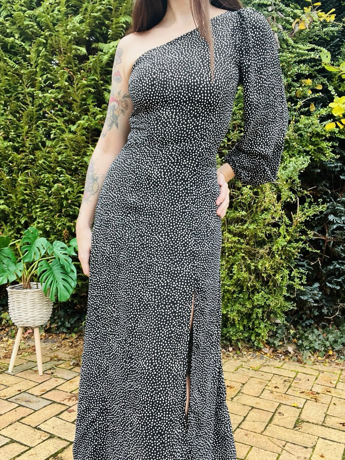 One Shoulder Maxi dress By Free People 6 To 8 Leg split hippie boho Polkadot