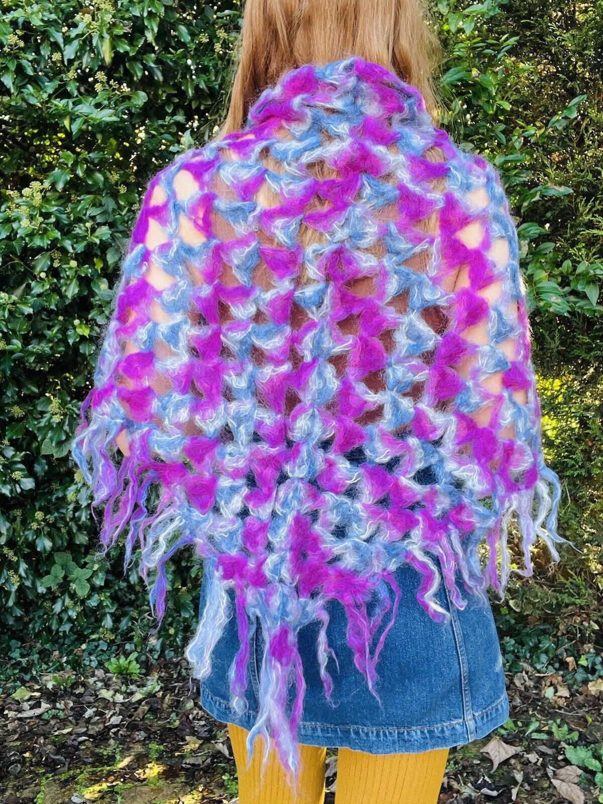 Vintage Boho Crochet Shawl Hippie Triangle Knit Wrap Cape Cottage Whimsy Scarf