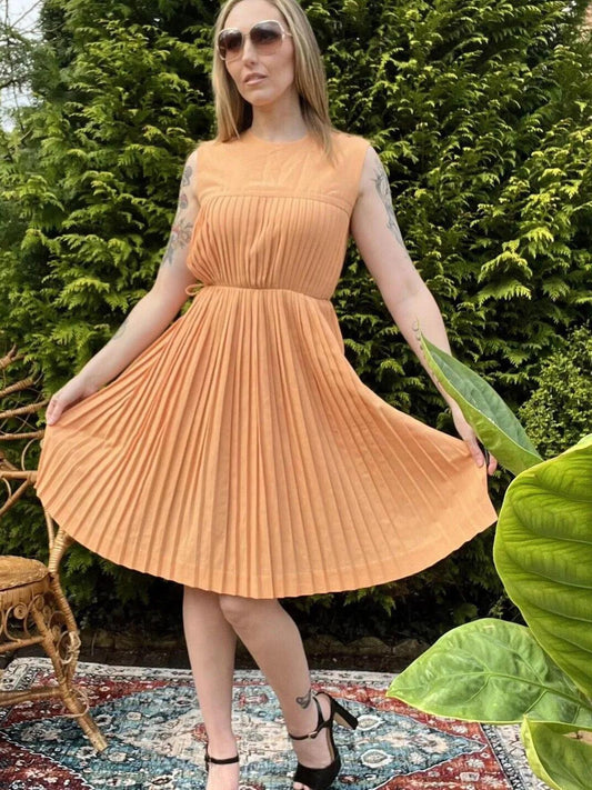 vintage 1960s pleated tea dress by Trevira orange retro dress size 8