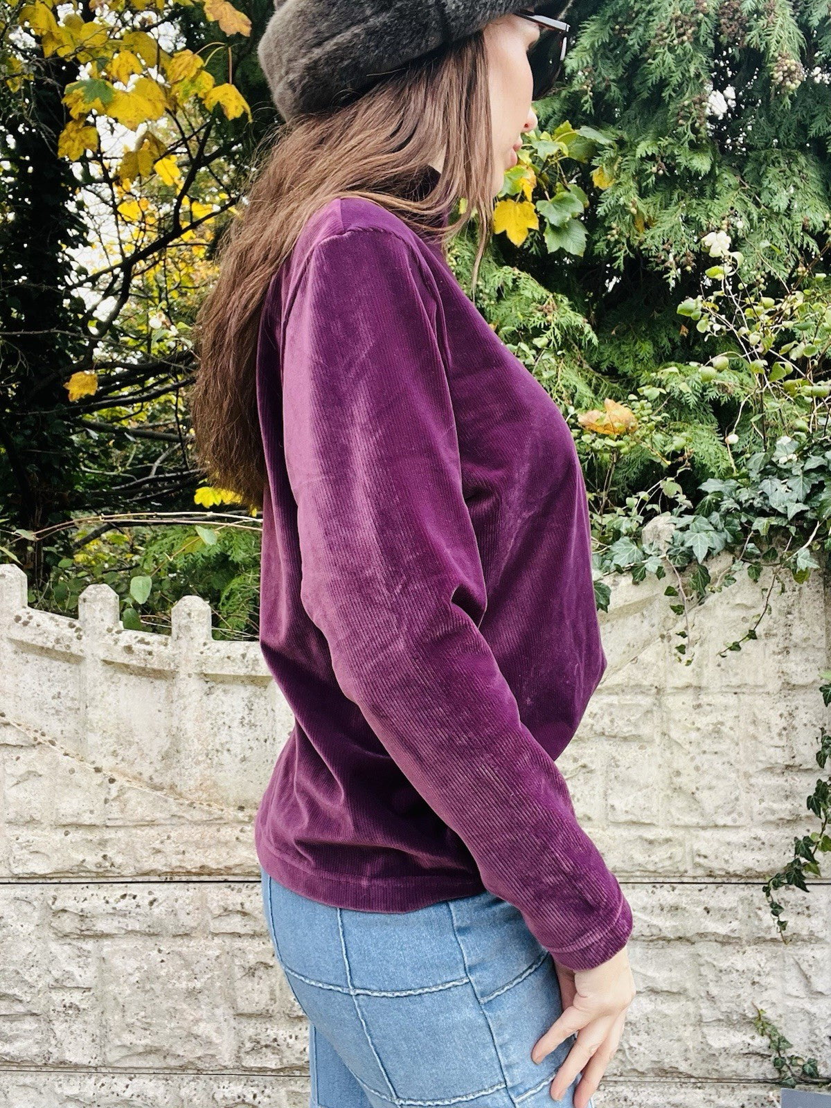 Vintage 1980s Velvet Top Purple Size 18 By Berkertex, Turtle Neck Ribbed Jumper