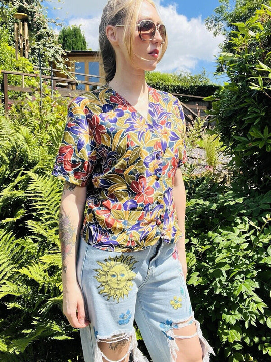 Vintage 1980s Summer Blouse By St michael With Retro Floral Print Size 14