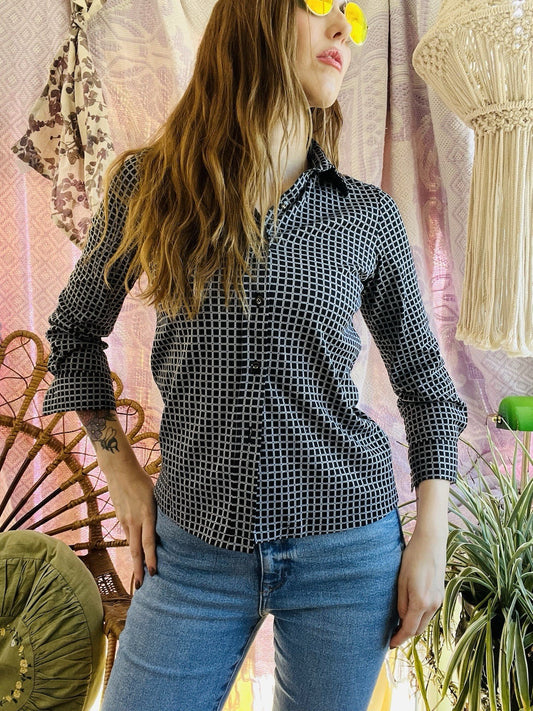 Vintage Blouse Bold Retro Print Collared Shirt Casual Or Formal Office Workwear