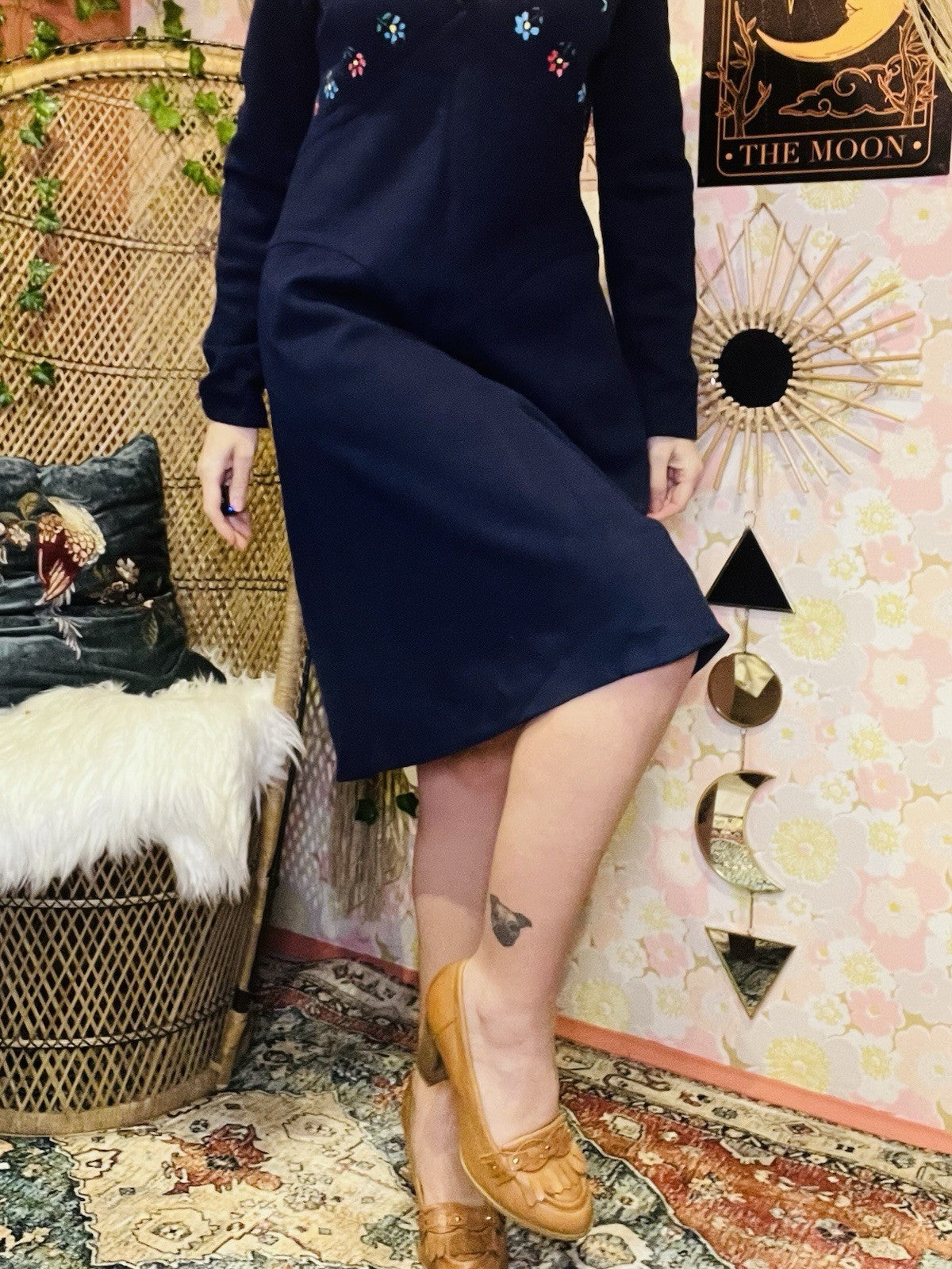 Vintage 1960s Day Dress Blue Size 14 Hippie Boho Had Painted Ditsy Floral Design