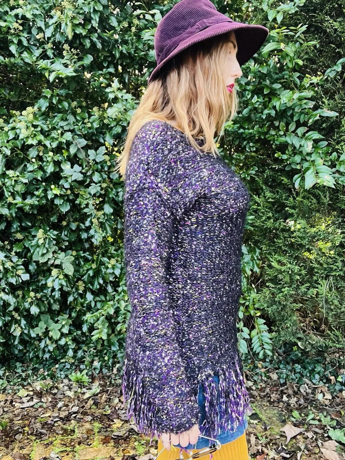 Fairycore Knit Jumper Frayed Tassel Hem Warm Cosy Whimsigoth Sweater Purple 8-12