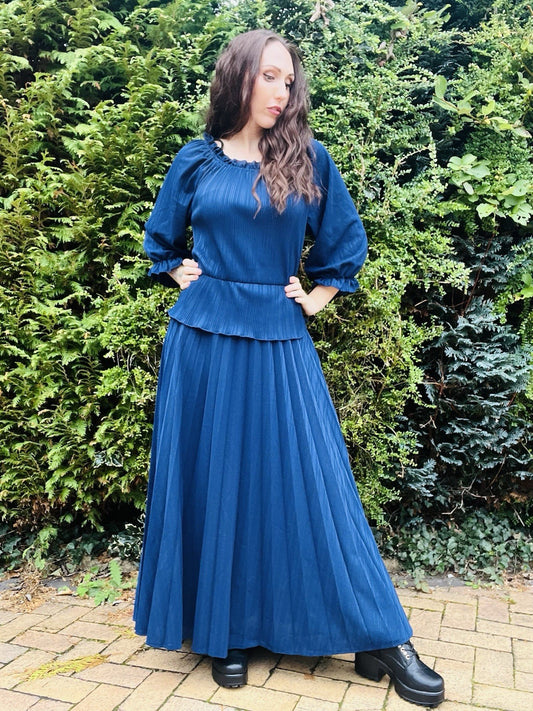 Vintage 1980s Peplum Dress Long Maxi Pleated Dress, Balloon Sleeves, 18-20