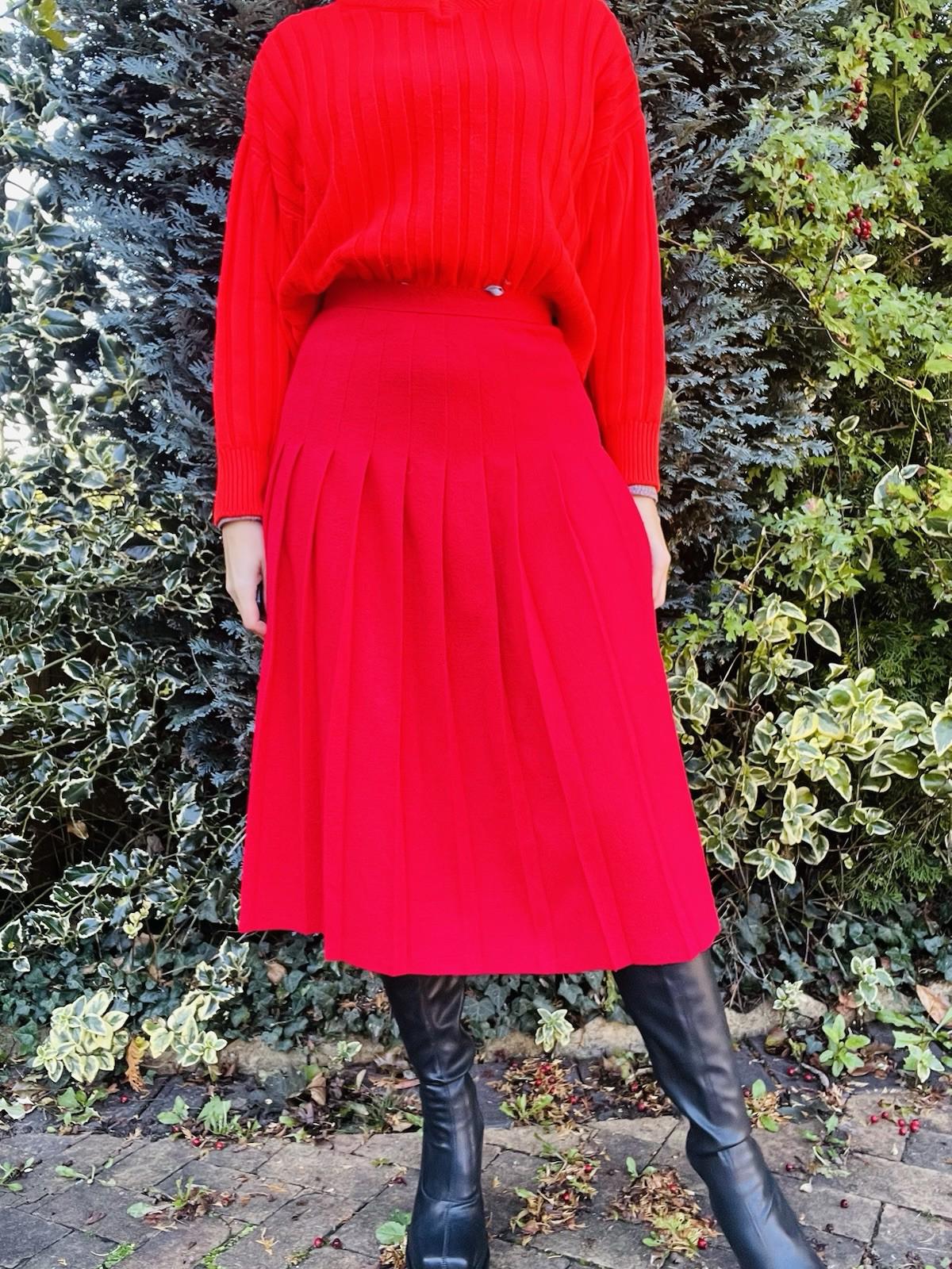 Vintage 1980s Pleated Skirt, High Waist Red Midi Kilt Style Skirt Size 8