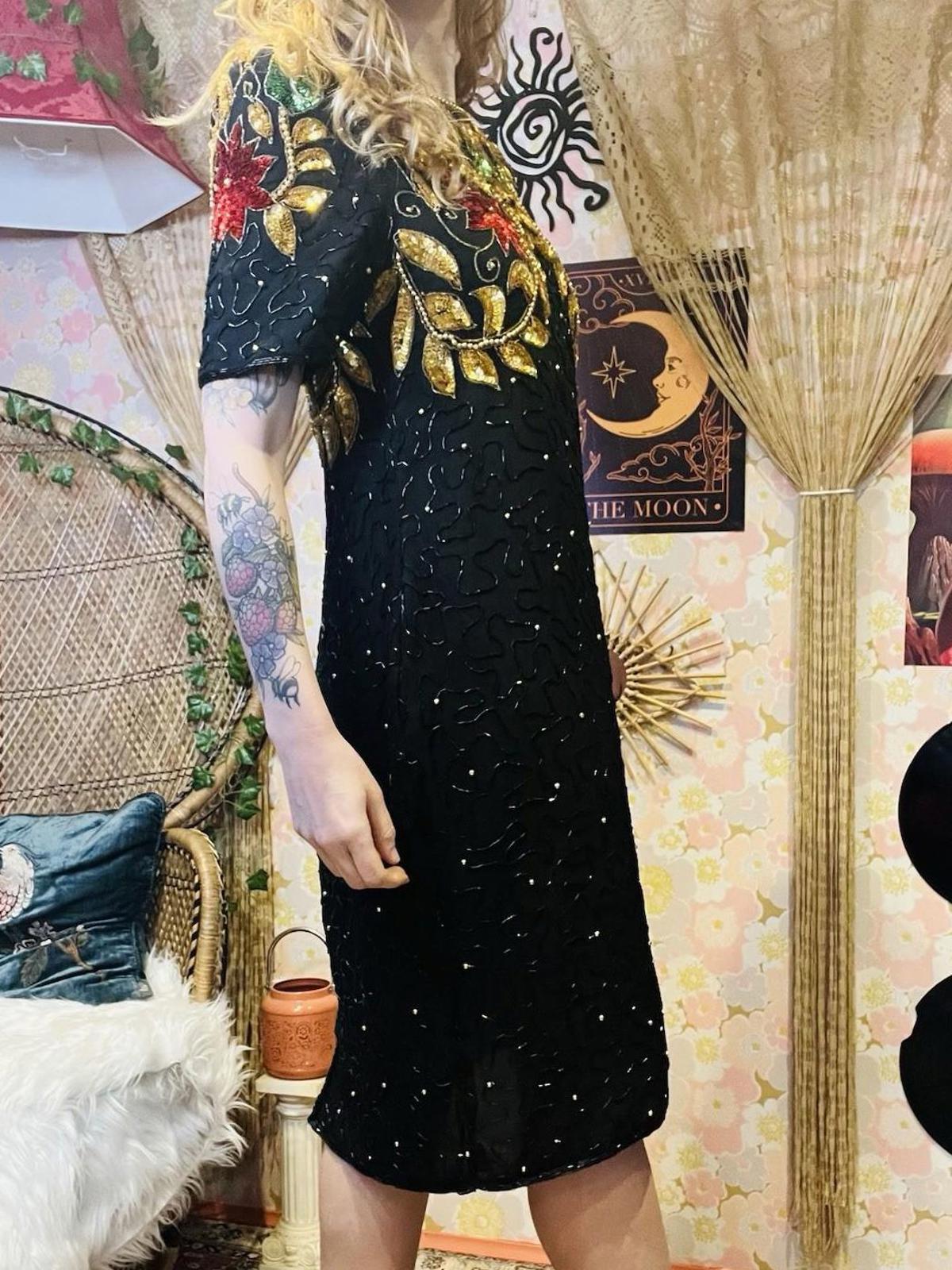 Vintage 1980s beaded Dress By Barkha Pure Silk Embellished Sequin Dress Black M