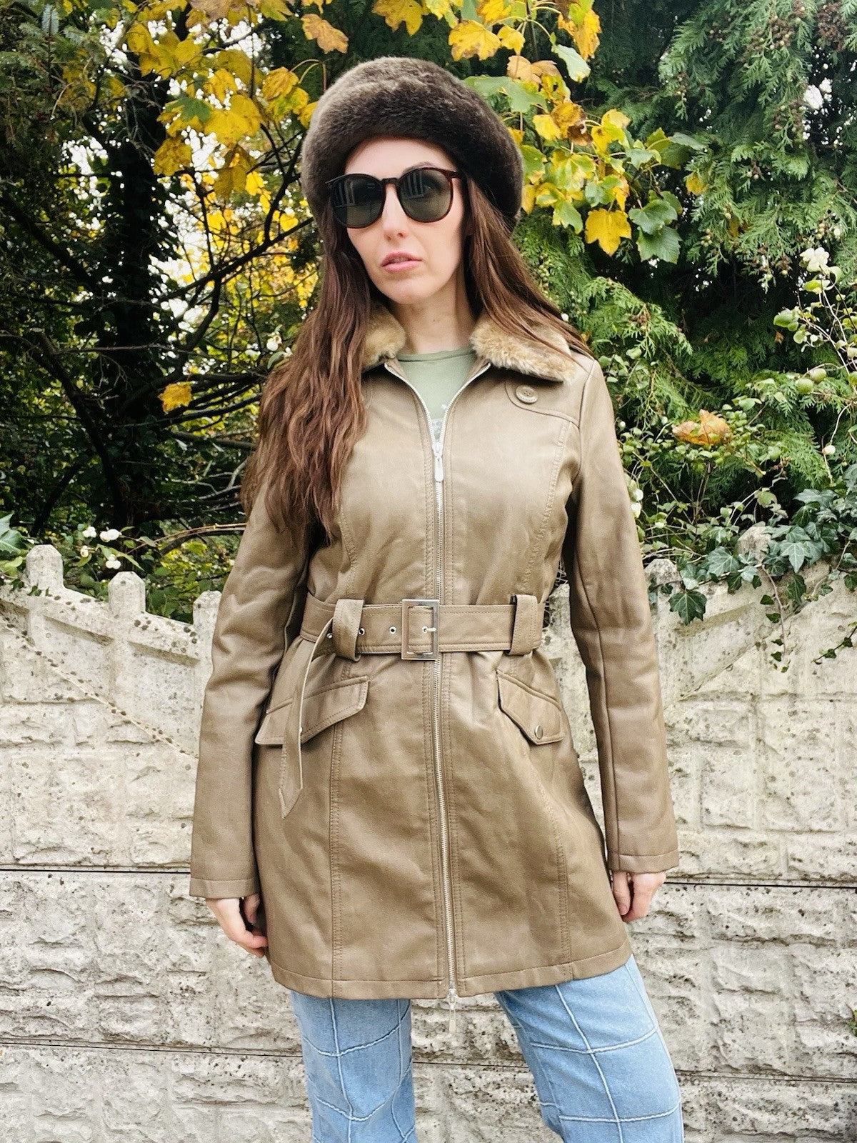 Faux Leather Winter Coat Size 10 Tan, With Fur Trim Collar And Belt, Warm Jacket