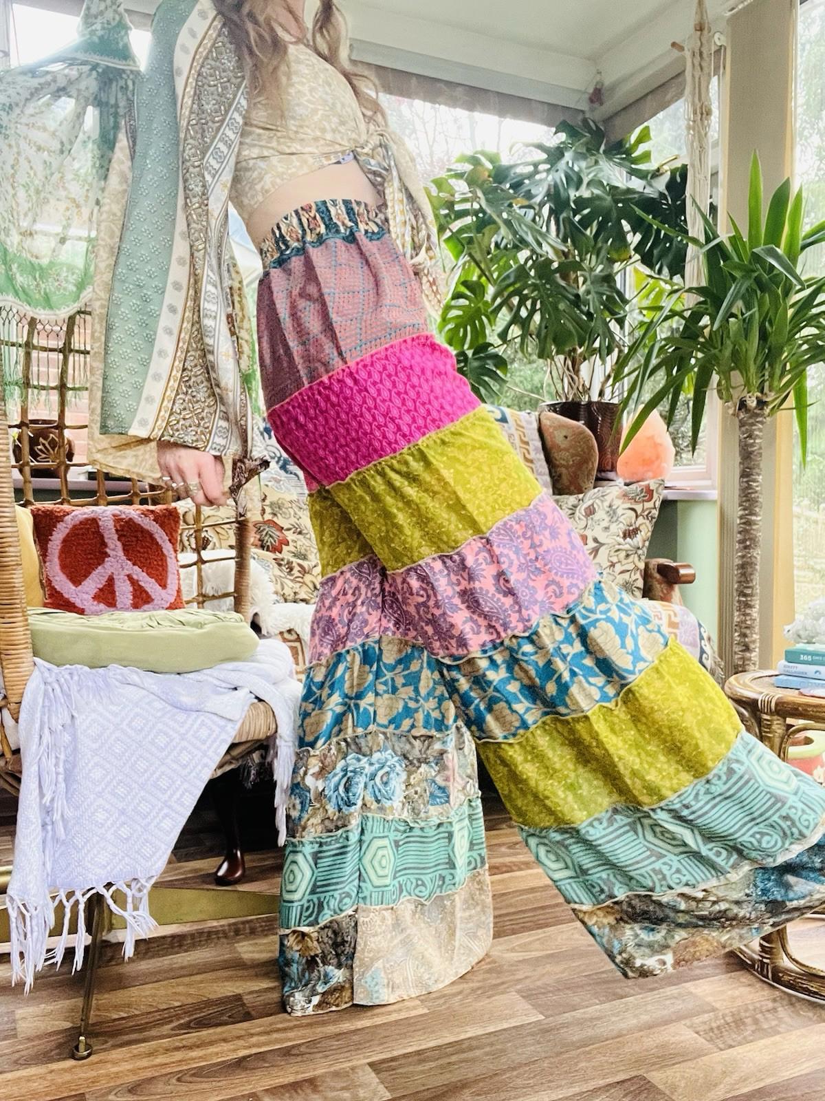 Wide Leg Trousers Vintage Patchwork Layered Sari Silk Hippie Boho Gypsy Pants M