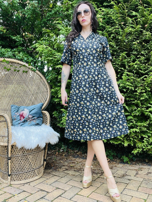 Vintage 1960s Shirt Dress Ditsy Floral Hippie Boho Summer Dress Size 14