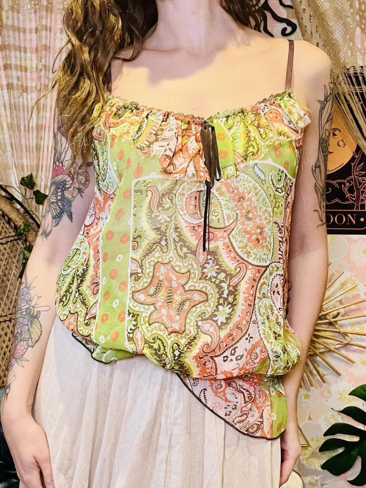 Vintage Y2K Cami Top Sheer Paisley Frilly Vest Top By Morgan Size 14