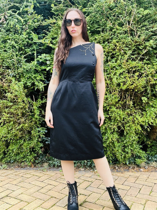 Vintage 1980s Cocktail Dress, Asymmetric Neckline And Cinched Waist Black 12