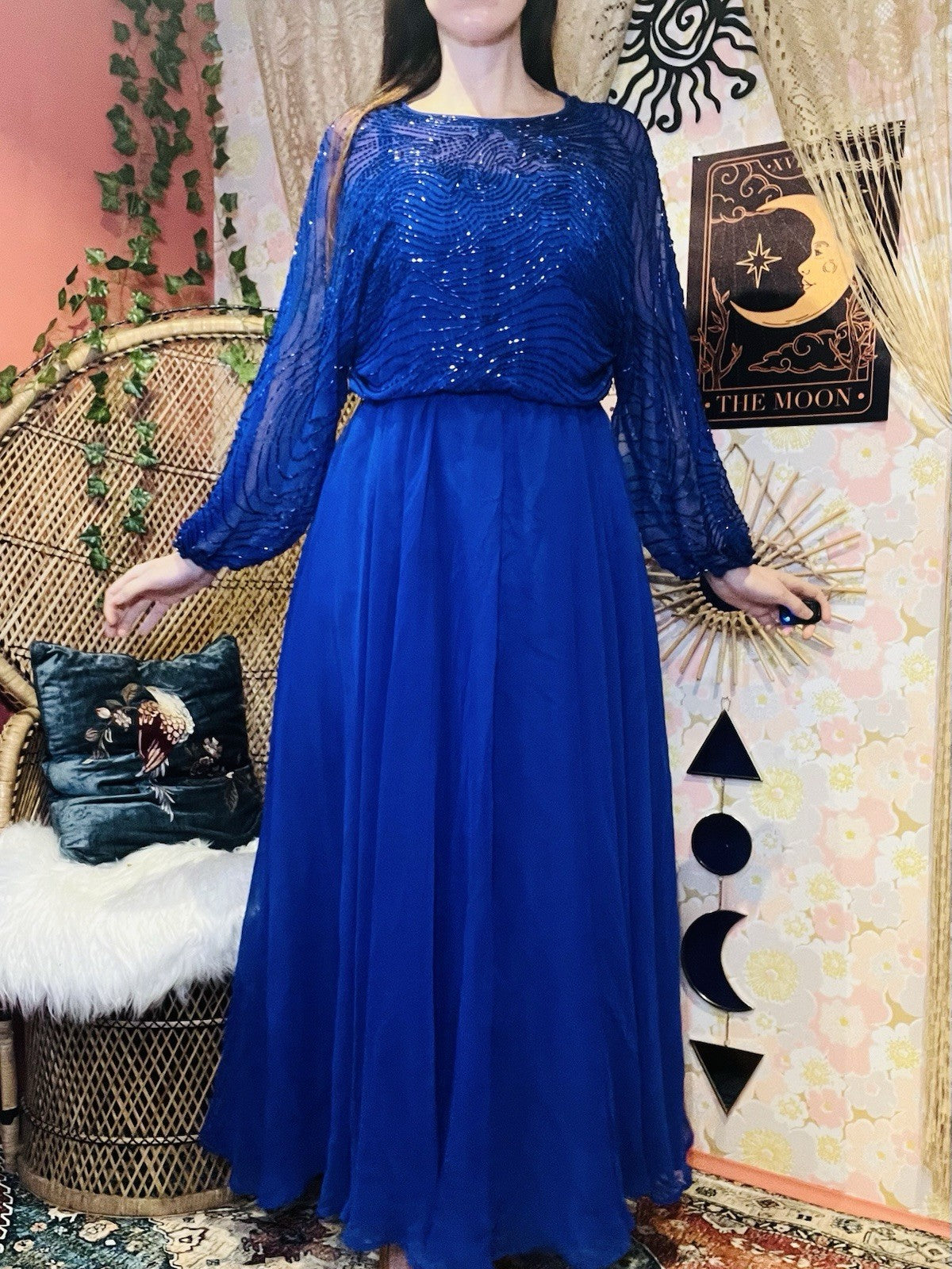 Vintage 80s Cocktail Dress Blue Size 12 Embellished Beaded Sheer Long Sleeves