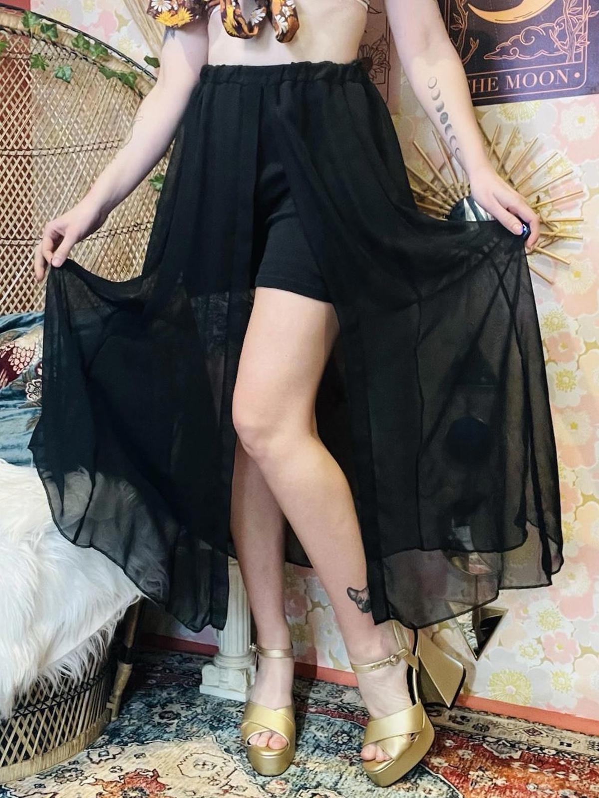 Vintage 1990s Sheer Skirt With Shorts And Slit Elasticated Waist Skort Black S