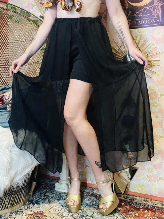 Vintage 1990s Sheer Skirt With Shorts And Slit Elasticated Waist Skort Black S