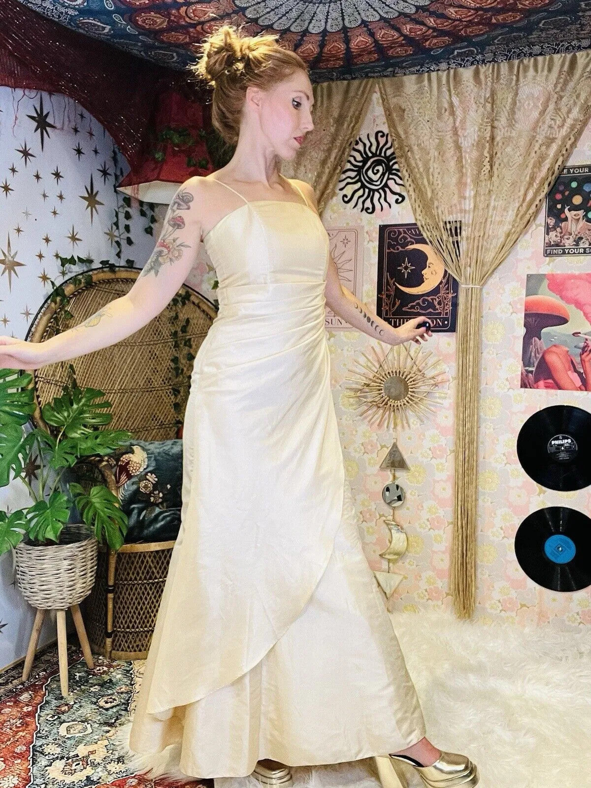 Vintage 90s Ball Gown By Prestige Ivory Cream Cocktail Dress Tie Back Size 8 10