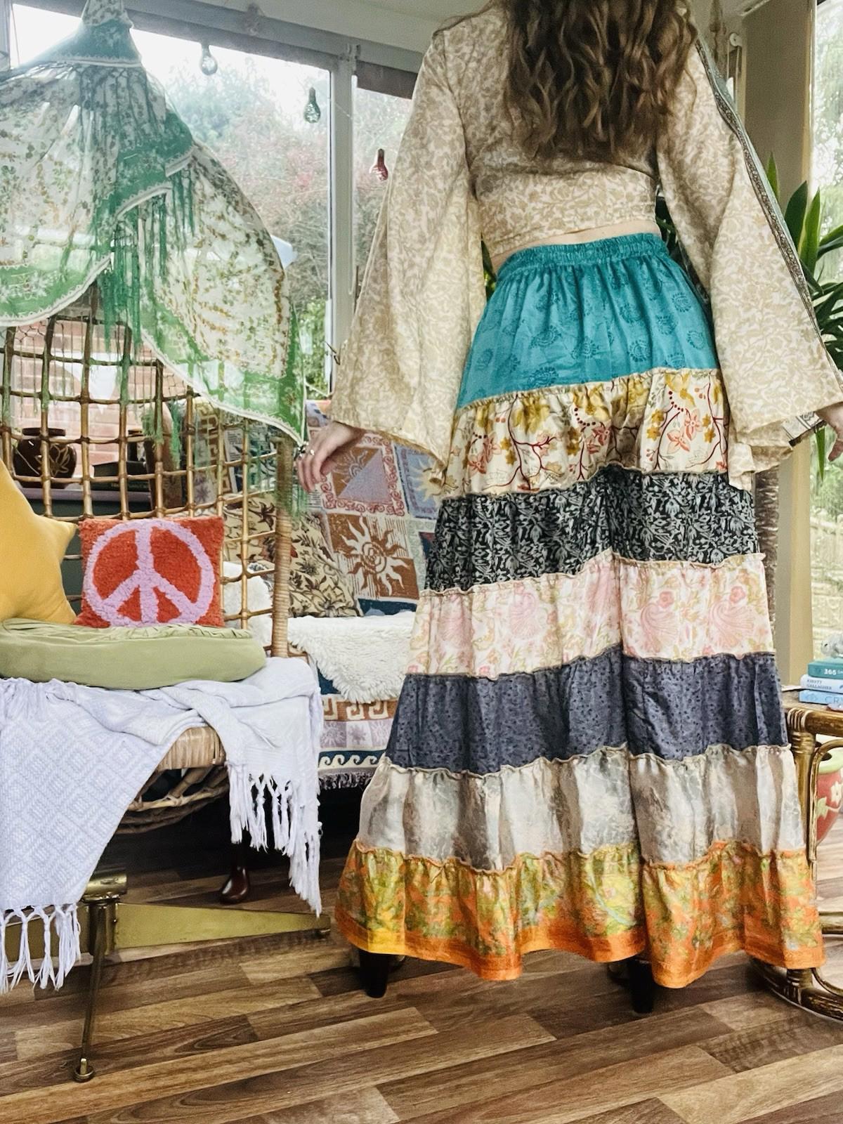 Wide Leg Trousers Vintage Patchwork Layered Sari Silk Hippie Boho Gypsy Pants M