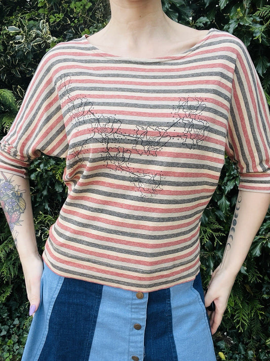 Vintage 1990s Cotton T-shirt By Jane Wikstrom Swedish Batwing Striped Top Size M