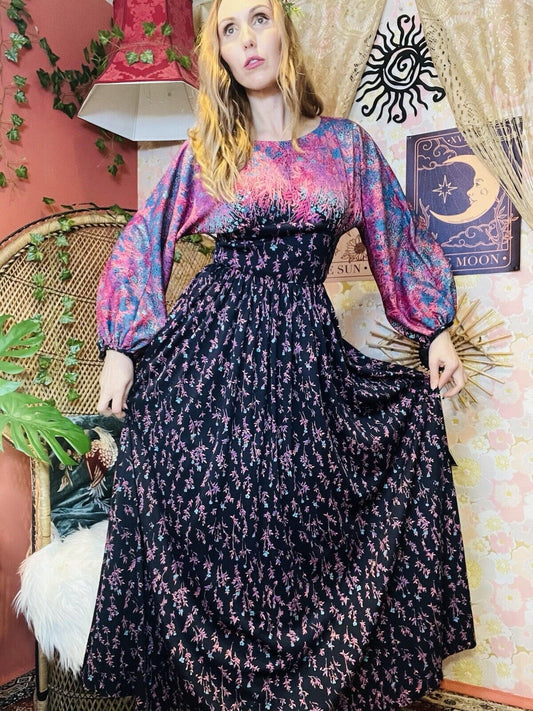 Vintage 1970s Maxi Dress Cottage Core Ditsy Floral Balloon Long Sleeves  Size 8