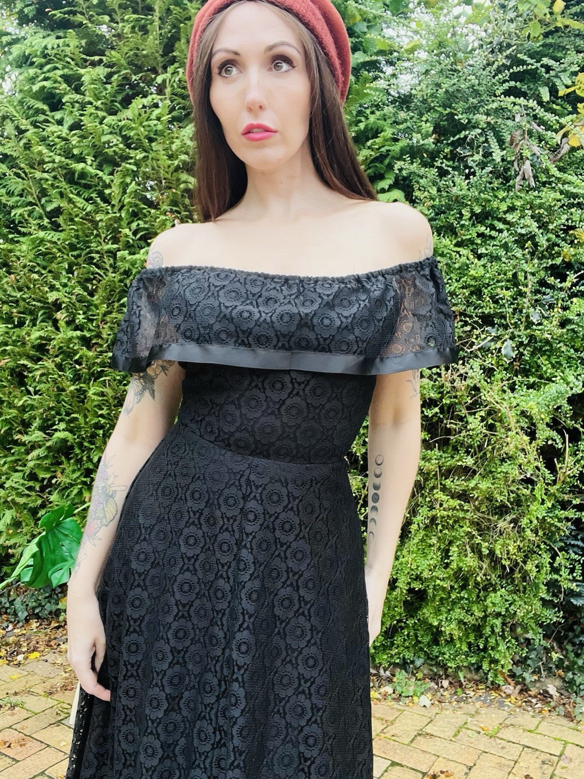 Vintage 70s maxi dress Black Size 8 by C&A Bardot Off Shoulder Whimsigoth Lace