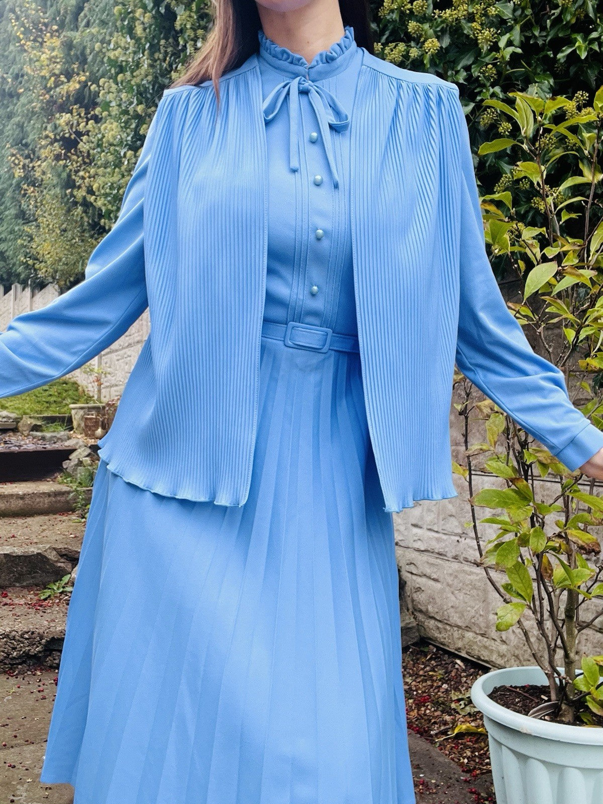Vintage 80s Tea Dress And Waistcoat Two Piece Set Blue Size 16 Pleated Design