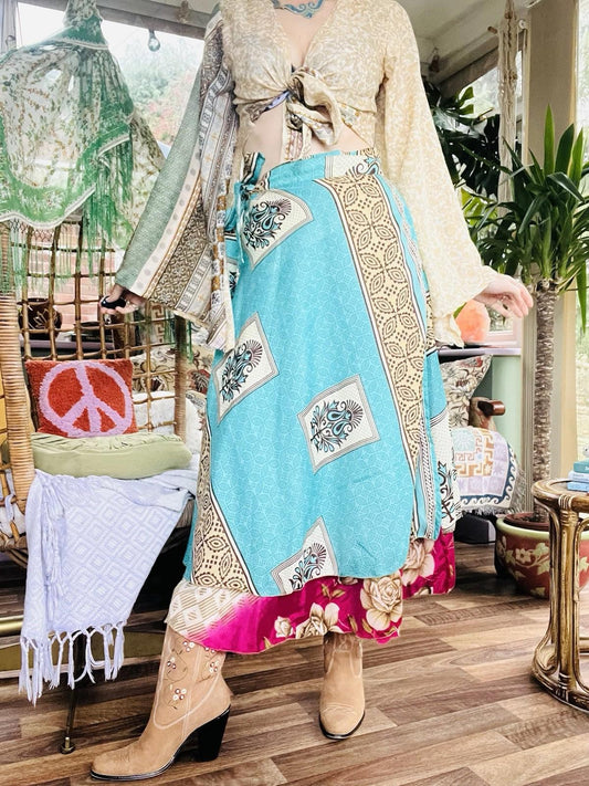 Layered Hippie Maxi Skirt Vintage Sari Silk Hippie Boho Long Gypsy Wrap Skirt