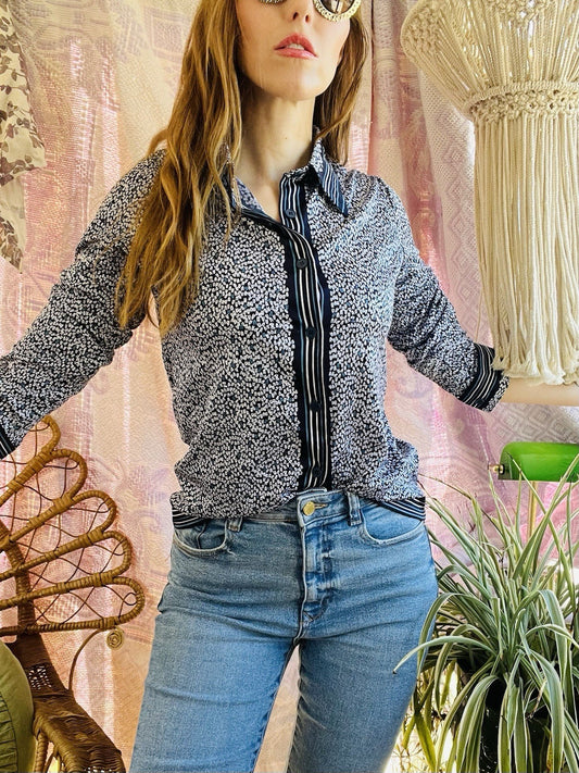 Vintage Blouse Bold Retro Print Collared Shirt Casual Or Formal Office Workwear
