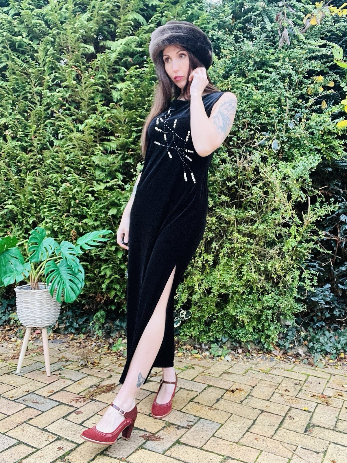 Vintage 90s Velvet Dress Black Size 14 Whimsigoth Sequin Long Cocktail Dress