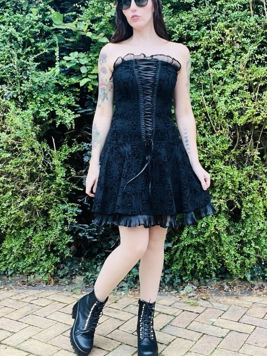 Vintage Y2K Corset Dress Strapless Fitted Bodice Short Frilly Skirt Black 8