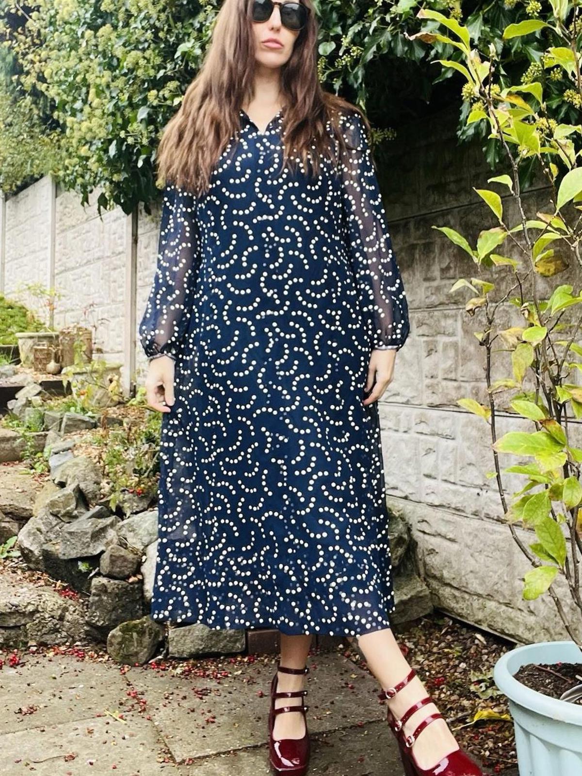 Vintage 1980s Polkadot Dress Blue Size 18 Retro 1980s Dress Sheer long Sleeves