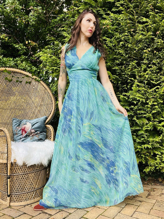 Vintage 1970s Maxi Dress Long Retro Abstract Wave Print Floaty Tie Waist Blue 12