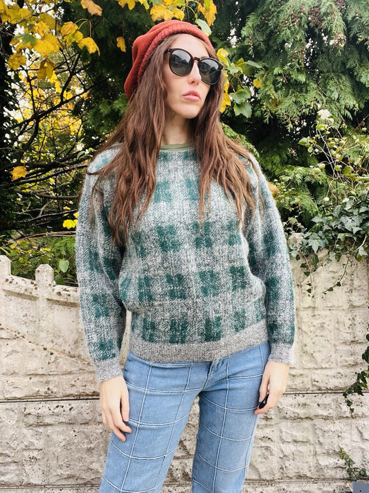 Vintage Wool Grandad Jumper Size 10-12 M Grey By Magazin Tartan Plaid Sweater