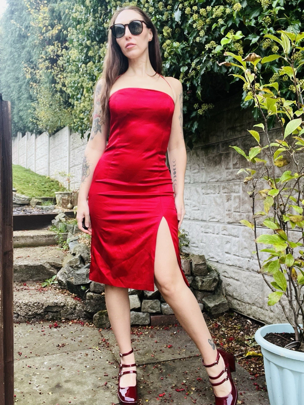 Vintage 90s Pencil Dress Red Size 10 By Klementi Fitted Dress With Thigh Split