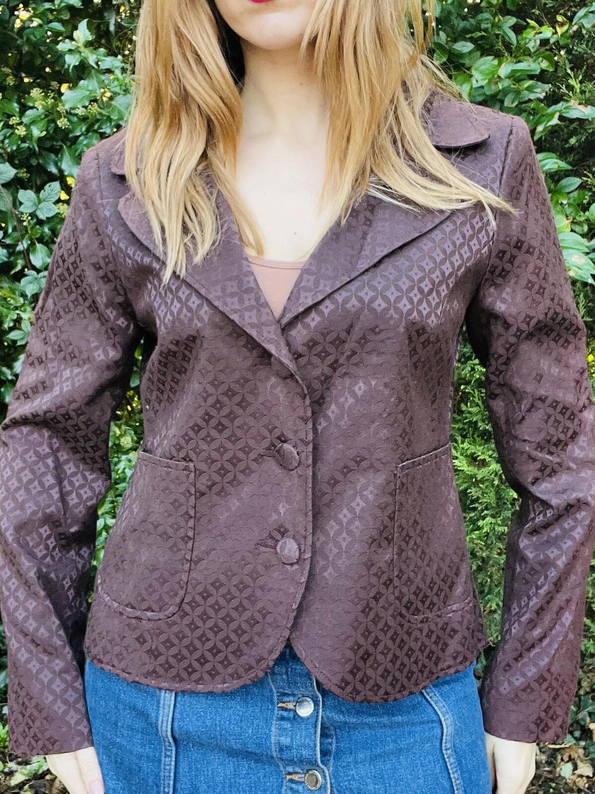 Retro Brown Blazer Jacker By Miss Real Vintage With Mod 70s Print Size 12
