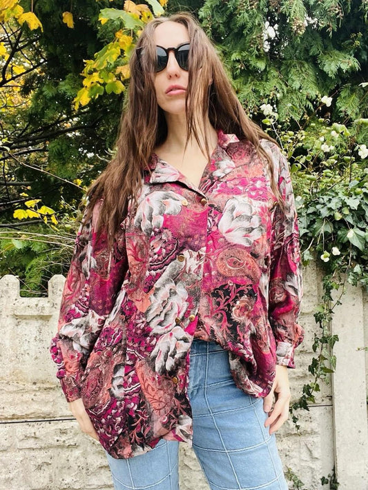 Vintage 80s Oversized Shirt Size 14 16 Red 1980s Retro Bagggy Blouse Floral Top