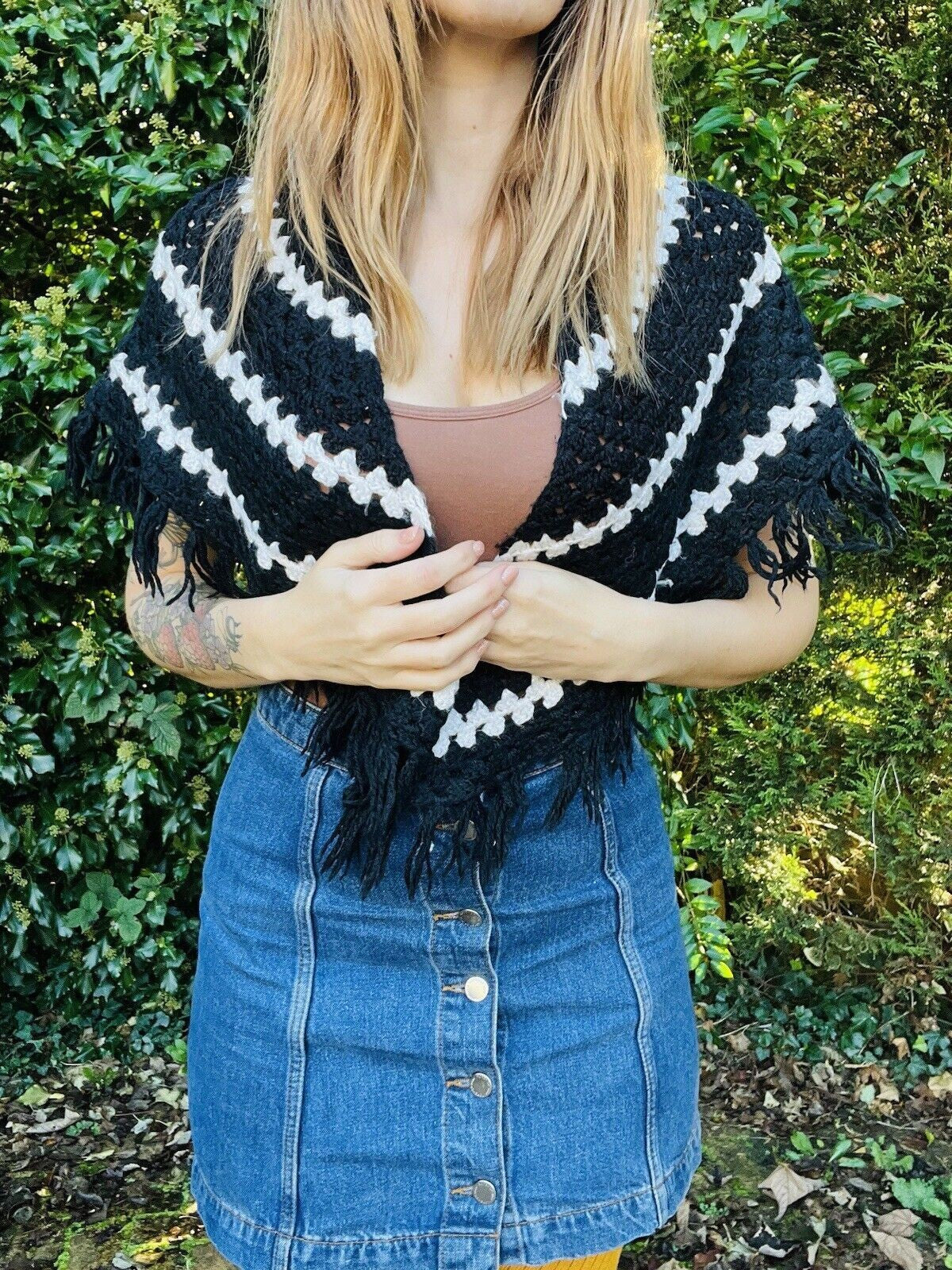 Vintage Boho Crochet Shawl Hippie Triangle Knit Wrap Cape Cottage Whimsy Scarf