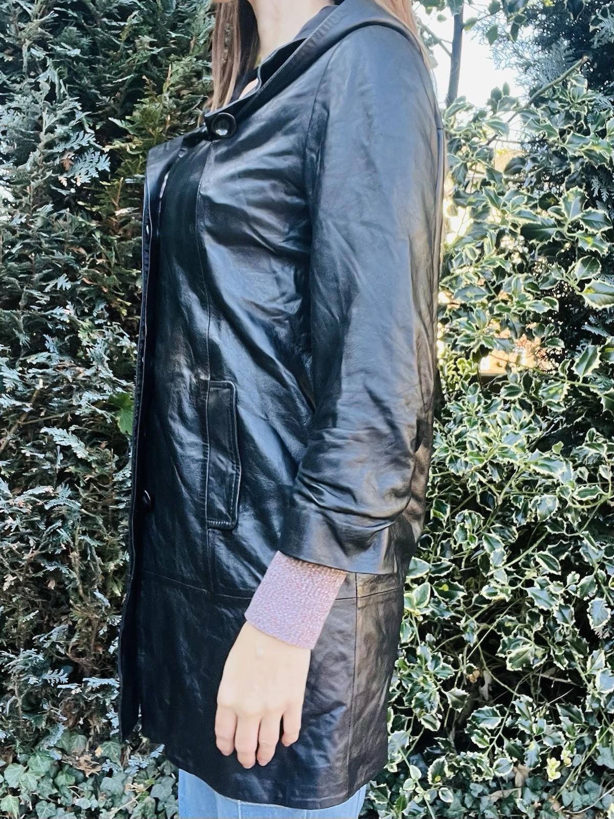 Vintage 1980s Leather Jacket With Hood, Retro Cropped Sleeve Long Length 10-12
