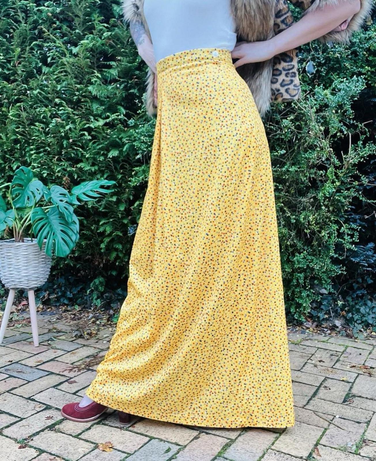 Vintage 1960s Maxi Skirt Size 10 Yellow Long Polkadot Retro 60s Skirt High Waist