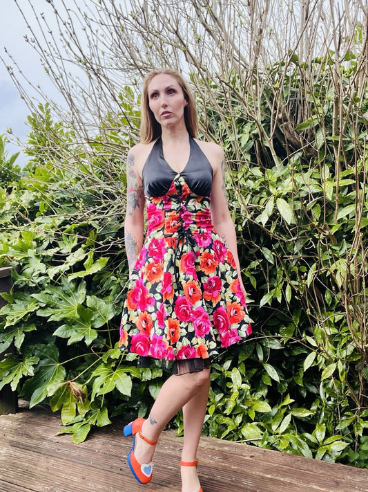 Vintage Y2K Summer Dress Halterneck Corset Floral Frilly Dress Pink Size 8